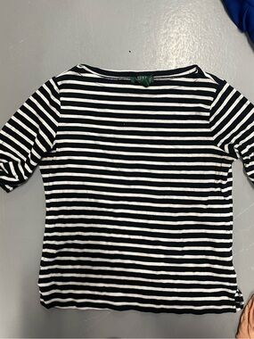 Polo Ralph Lauren Black & White Striped Tee 3/4 Sleeves Buisness Casual Womens L